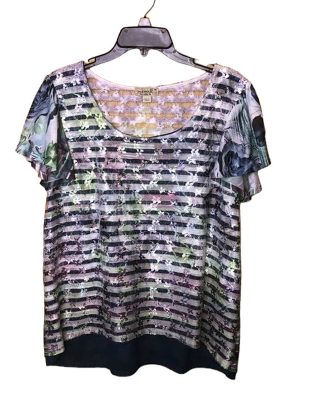 One World Shirt Striped Floral Short Sleeve Blouse M